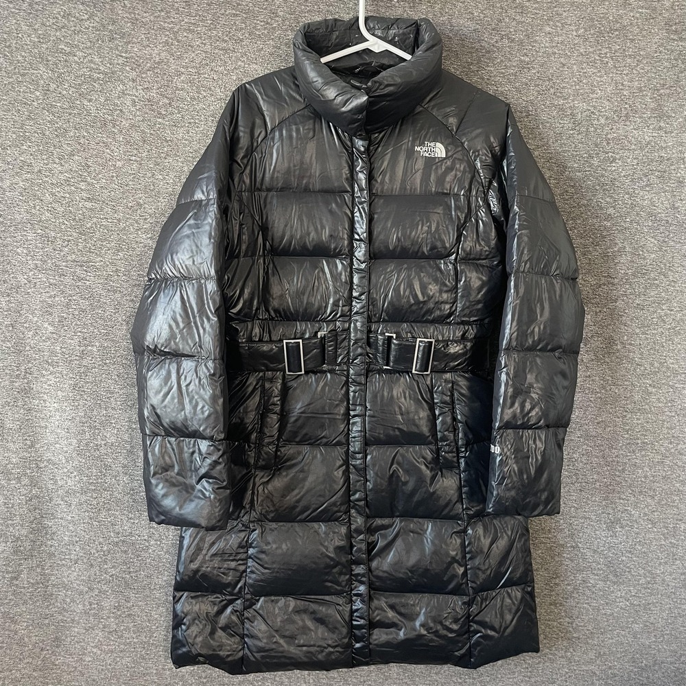 The North Face Down Puffer Coat Womens Small Black Long 600 Fill Belted‎ Warm